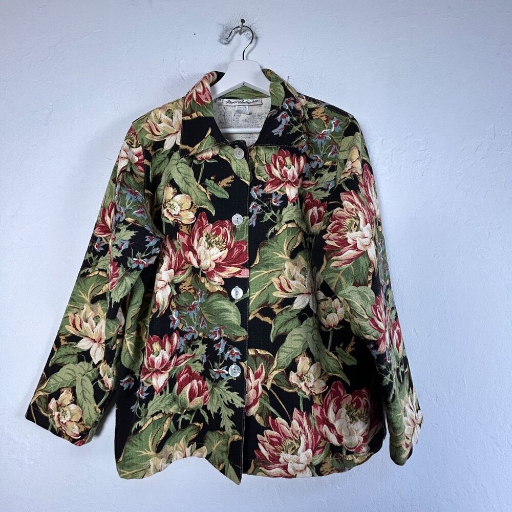 Norm Thompson Women’s Black Green Floral Print Lightweight Casual Jacket Medium